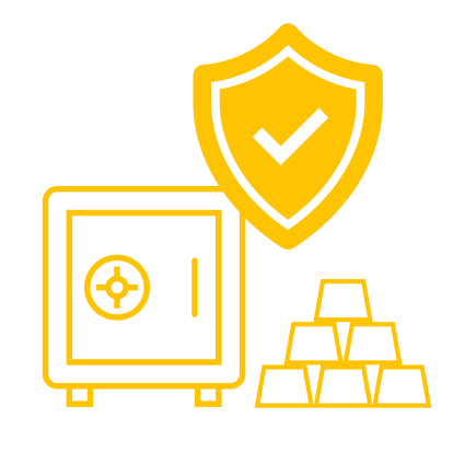 A vault, a shield and gold bars symbolise controlled and insured storage