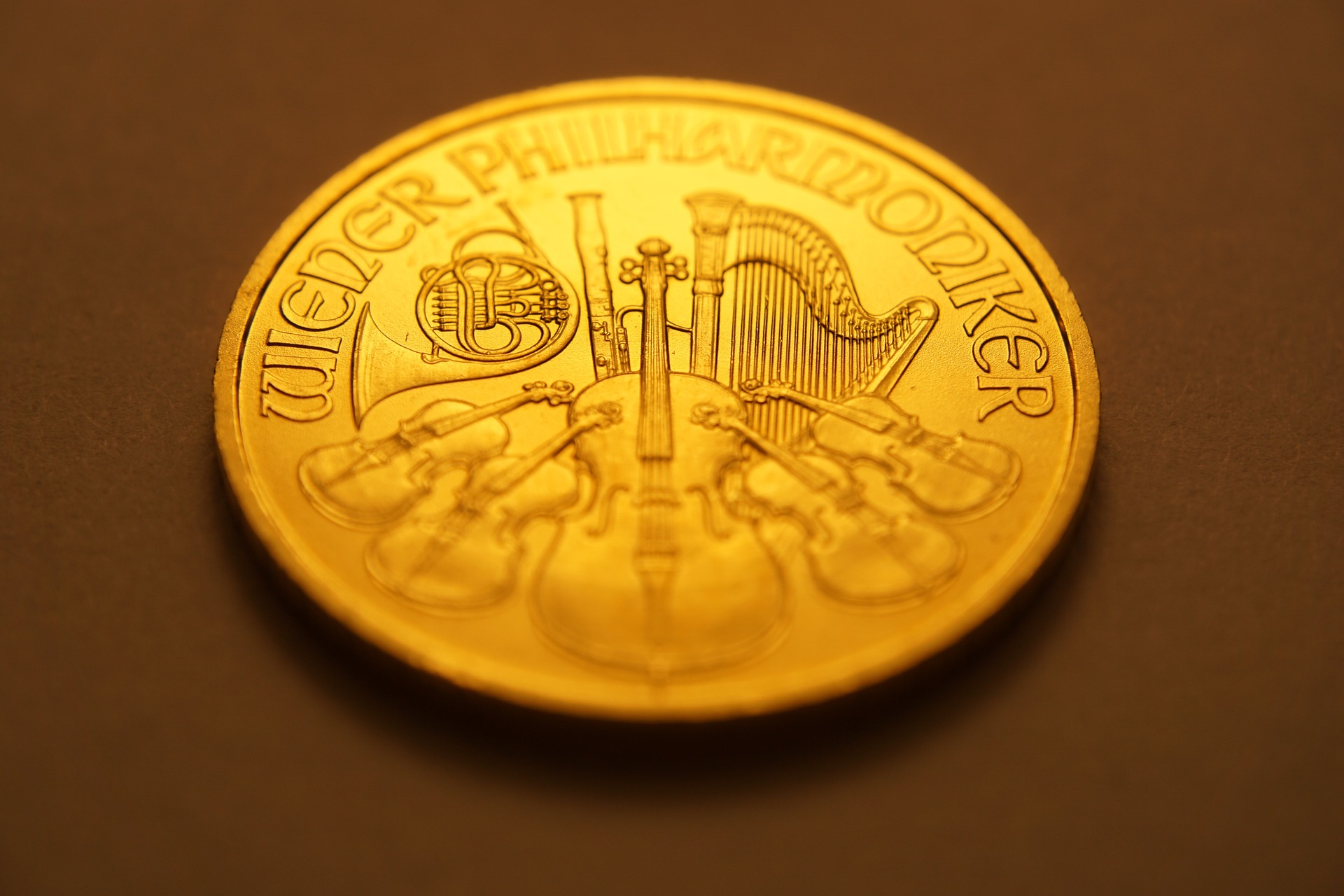 Close-up view of a Vienna Philharmonic gold coin